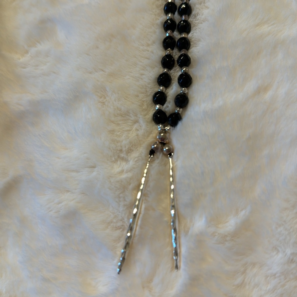 Nordstrom long silver and black onyx beaded necklace